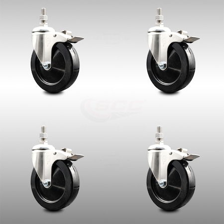 Service Caster 5 Inch 316SS Soft Rubber Swivel 3/8 Inch Threaded Stem Caster Set Lock Brake SCC SCC-SS316TSTTL20S514-SRS-381615-4